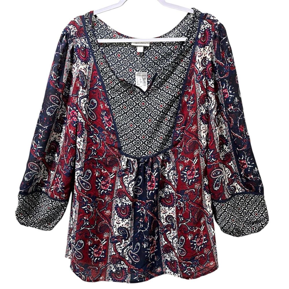 Dress Barn Woman Mixed Pattern Boho Sheer Lightweight Top, Blue, Red, Size 3X
